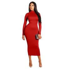 New Season Design Fall Solid Color High Neck Long Sleeve Long Skirt Tight Fitting Warm Fashion Ladies Bodycon Maxi Party Dresses